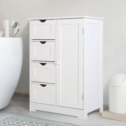 Bathroom Floor Storage Cabinet with 4 Drawers and Adjustable Shelf, Moisture-Resistant, MDF or Bamboo