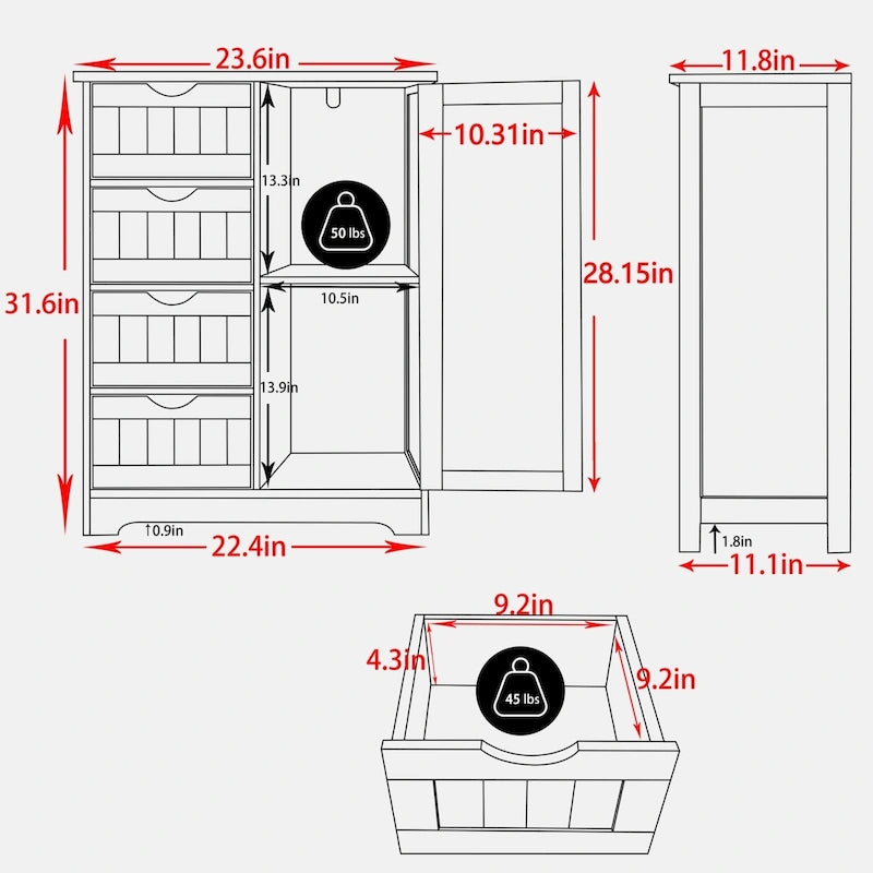 Bathroom Floor Storage Cabinet with 4 Drawers and Adjustable Shelf, Moisture-Resistant, MDF or Bamboo