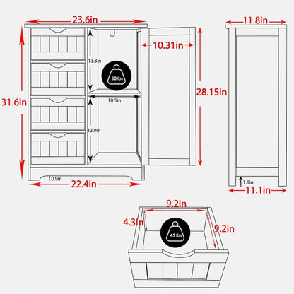 Bathroom Floor Storage Cabinet with 4 Drawers and Adjustable Shelf, Moisture-Resistant, MDF or Bamboo