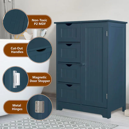 Bathroom Floor Storage Cabinet with 4 Drawers and Adjustable Shelf, Moisture-Resistant, MDF or Bamboo