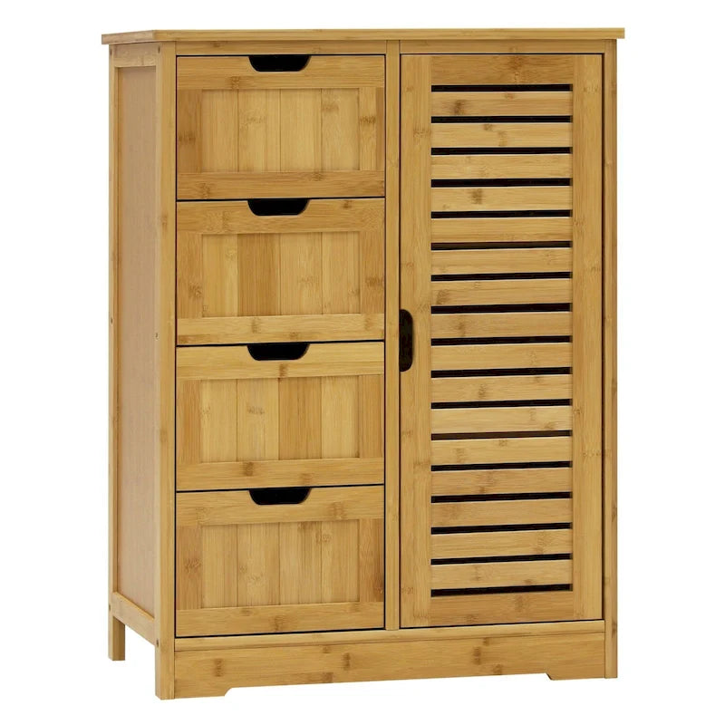 Bathroom Floor Storage Cabinet with 4 Drawers and Adjustable Shelf, Moisture-Resistant, MDF or Bamboo