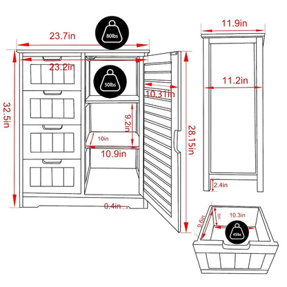 Bathroom Floor Storage Cabinet with 4 Drawers and Adjustable Shelf, Moisture-Resistant, MDF or Bamboo