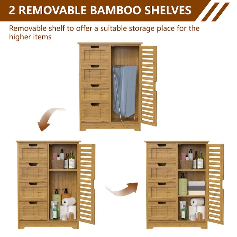 Bathroom Floor Storage Cabinet with 4 Drawers and Adjustable Shelf, Moisture-Resistant, MDF or Bamboo