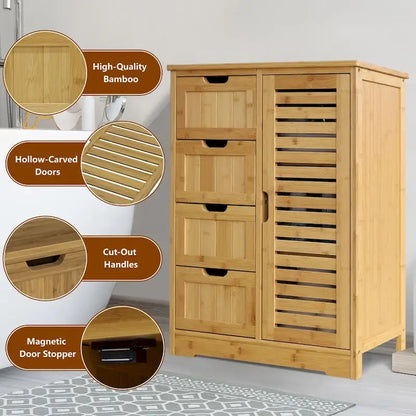 Bathroom Floor Storage Cabinet with 4 Drawers and Adjustable Shelf, Moisture-Resistant, MDF or Bamboo