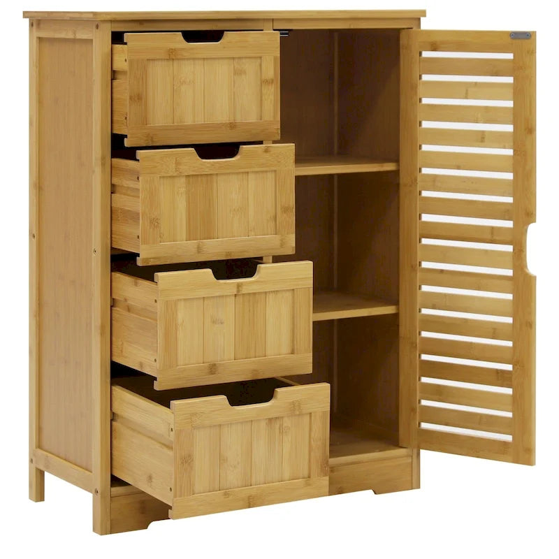 Bathroom Floor Storage Cabinet with 4 Drawers and Adjustable Shelf, Moisture-Resistant, MDF or Bamboo