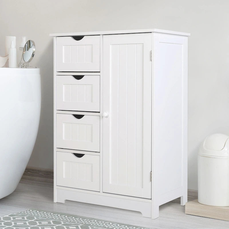 Bathroom Floor Storage Cabinet with 4 Drawers and Adjustable Shelf, Moisture-Resistant, MDF or Bamboo