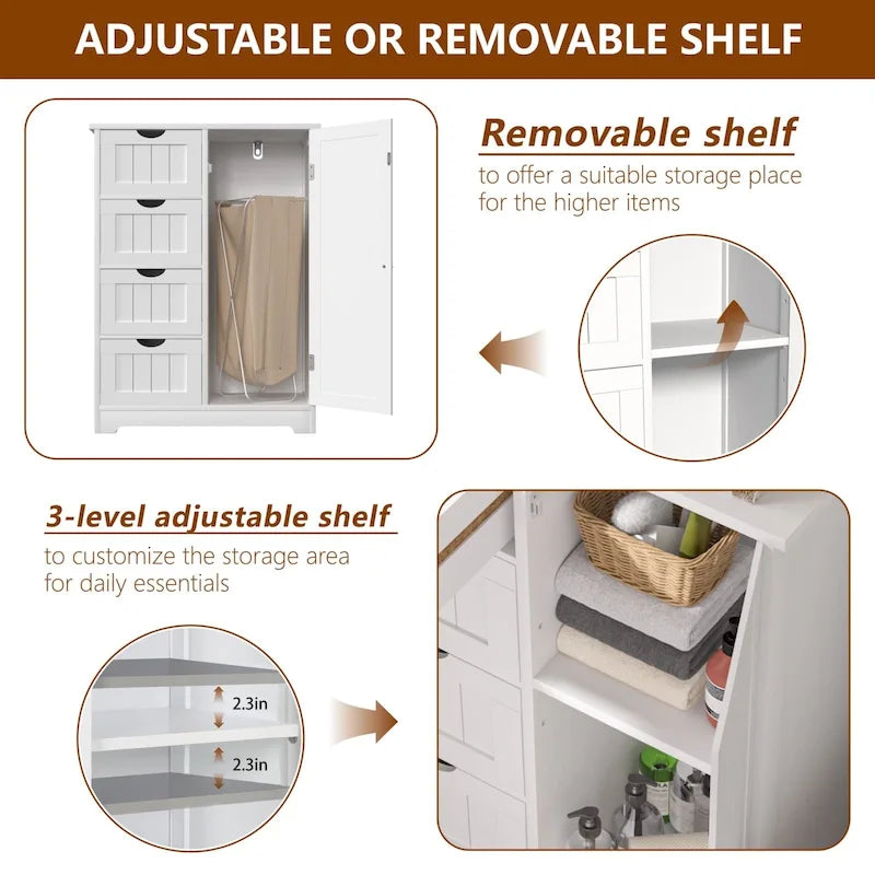 Bathroom Floor Storage Cabinet with 4 Drawers and Adjustable Shelf, Moisture-Resistant, MDF or Bamboo
