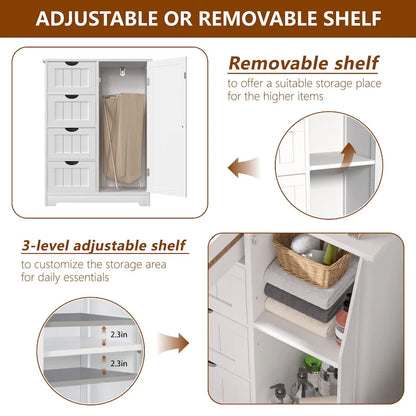 Bathroom Floor Storage Cabinet with 4 Drawers and Adjustable Shelf, Moisture-Resistant, MDF or Bamboo