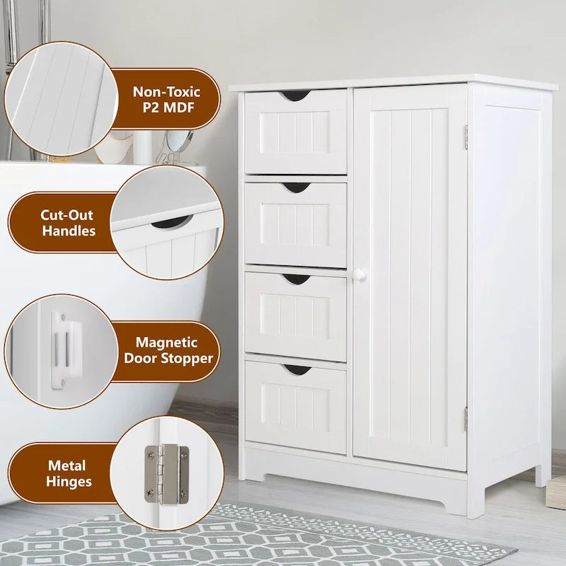 Bathroom Floor Storage Cabinet with 4 Drawers and Adjustable Shelf, Moisture-Resistant, MDF or Bamboo
