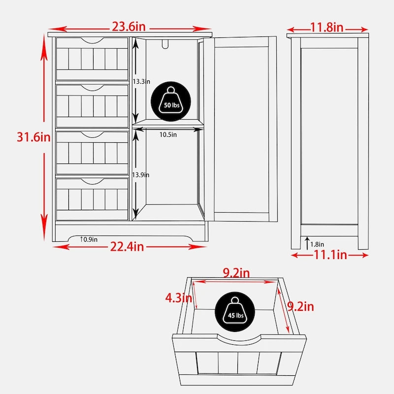 Bathroom Floor Storage Cabinet with 4 Drawers and Adjustable Shelf, Moisture-Resistant, MDF or Bamboo