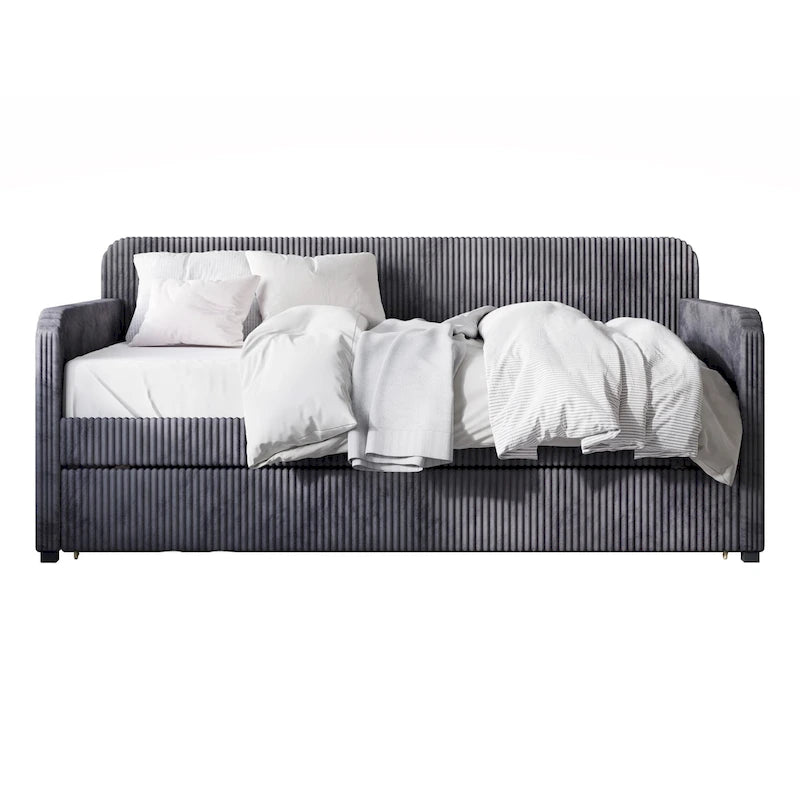 Twin Upholstered Daybed with Pull-Out Trundle, Velvet, Tufted, Gray, Blue or Black