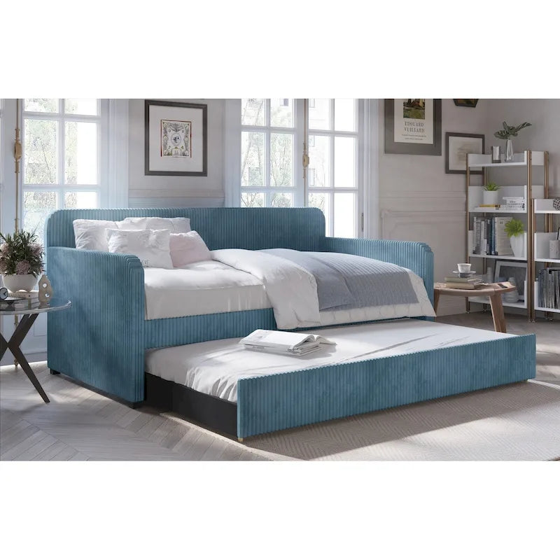 Twin Upholstered Daybed with Pull-Out Trundle, Velvet, Tufted, Gray, Blue or Black