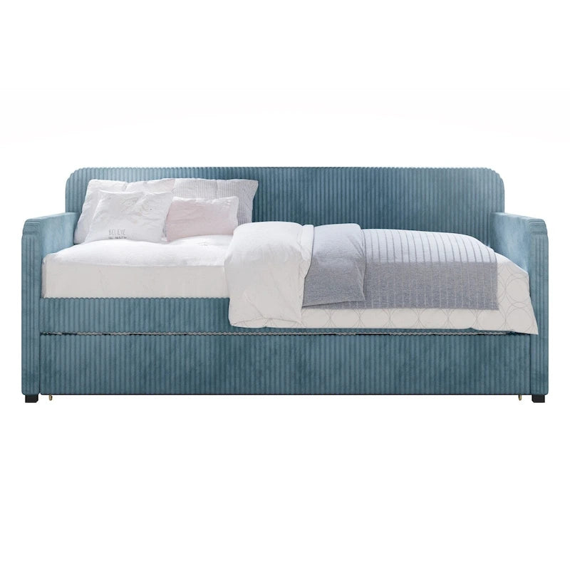 Twin Upholstered Daybed with Pull-Out Trundle, Velvet, Tufted, Gray, Blue or Black