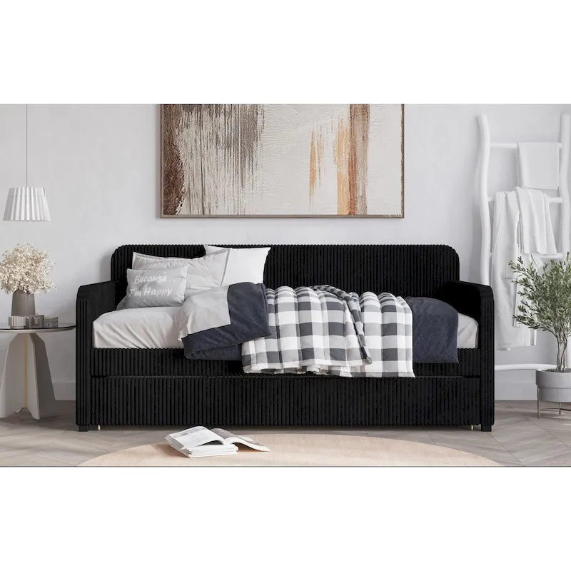 Twin Upholstered Daybed with Pull-Out Trundle, Velvet, Tufted, Gray, Blue or Black