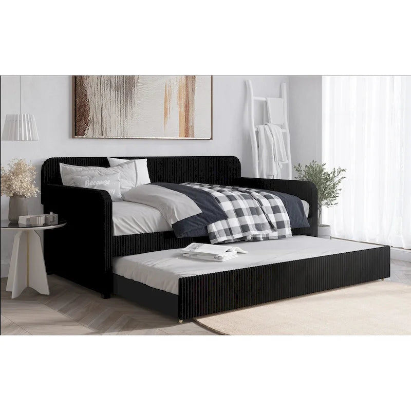 Twin Upholstered Daybed with Pull-Out Trundle, Velvet, Tufted, Gray, Blue or Black