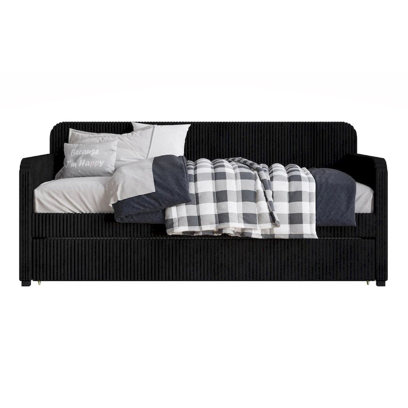 Twin Upholstered Daybed with Pull-Out Trundle, Velvet, Tufted, Gray, Blue or Black