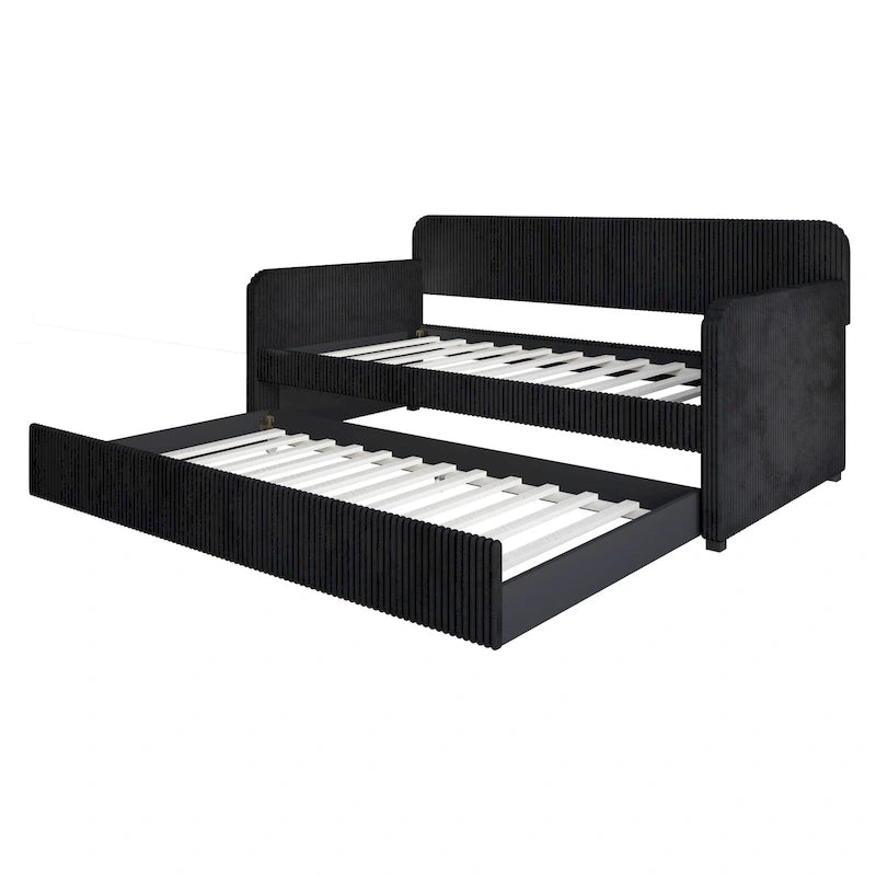 Twin Upholstered Daybed with Pull-Out Trundle, Velvet, Tufted, Gray, Blue or Black