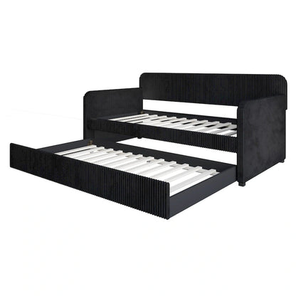 Twin Upholstered Daybed with Pull-Out Trundle, Velvet, Tufted, Gray, Blue or Black