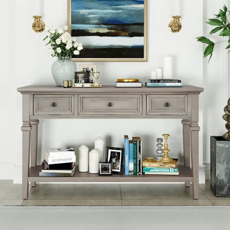 Retro Style Console Table with 3 Top Drawers & Bottom Shelf, Entryway Sofa Table, Wood & Metal