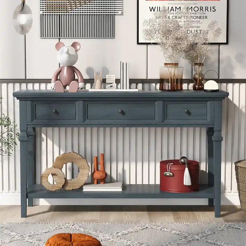 Retro Style Console Table with 3 Top Drawers & Bottom Shelf, Entryway Sofa Table, Wood & Metal