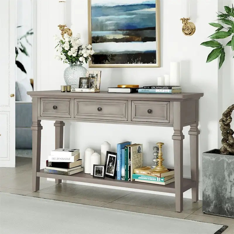 Retro Style Console Table with 3 Top Drawers & Bottom Shelf, Entryway Sofa Table, Wood & Metal