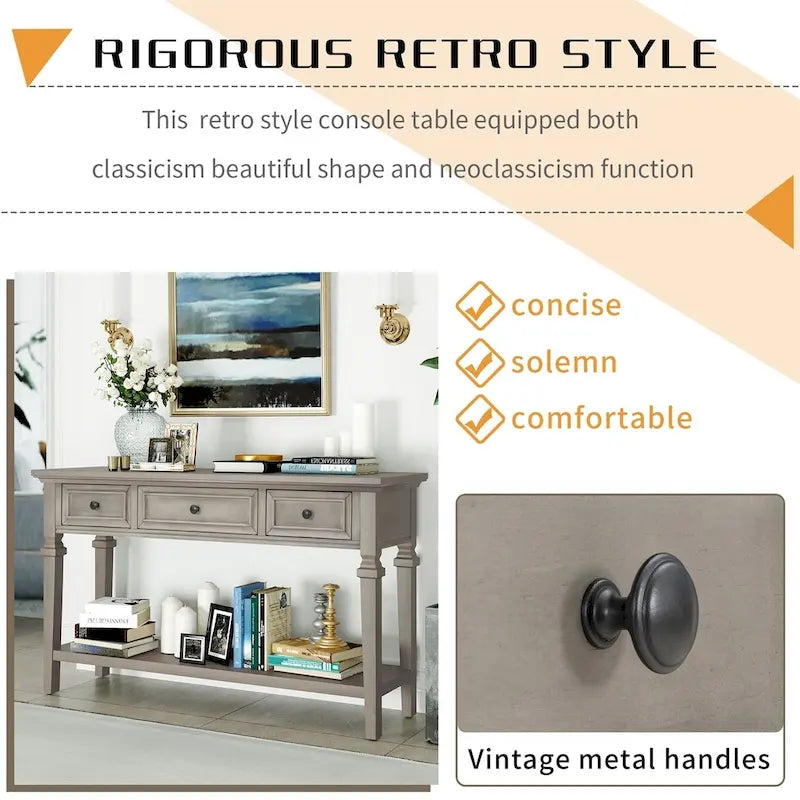 Retro Style Console Table with 3 Top Drawers & Bottom Shelf, Entryway Sofa Table, Wood & Metal