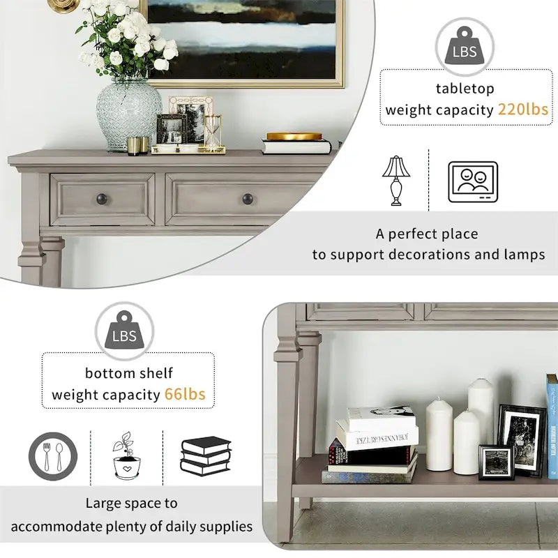 Retro Style Console Table with 3 Top Drawers & Bottom Shelf, Entryway Sofa Table, Wood & Metal