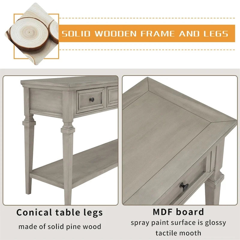 Retro Style Console Table with 3 Top Drawers & Bottom Shelf, Entryway Sofa Table, Wood & Metal