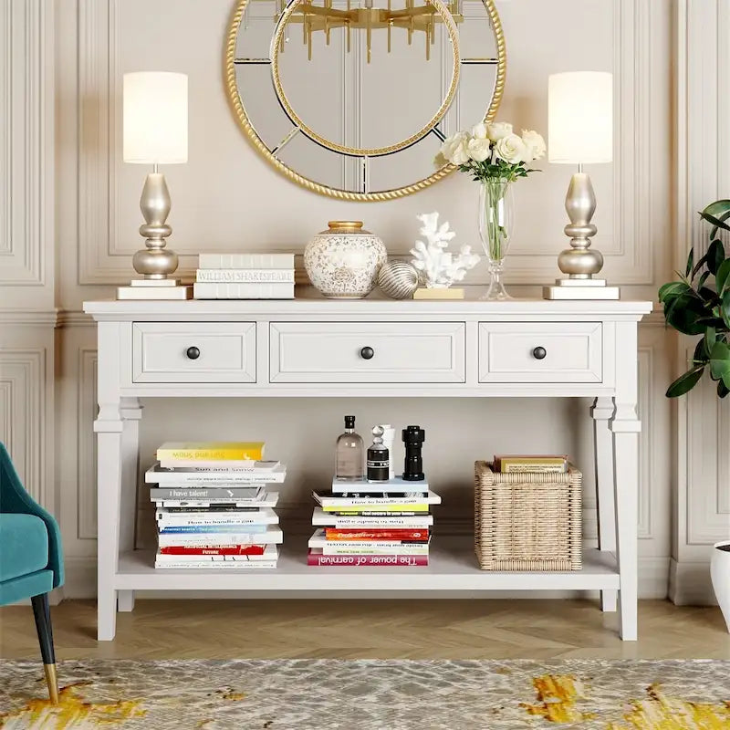 Retro Style Console Table with 3 Top Drawers & Bottom Shelf, Entryway Sofa Table, Wood & Metal