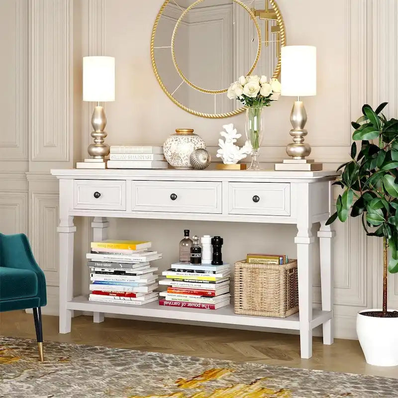 Retro Style Console Table with 3 Top Drawers & Bottom Shelf, Entryway Sofa Table, Wood & Metal
