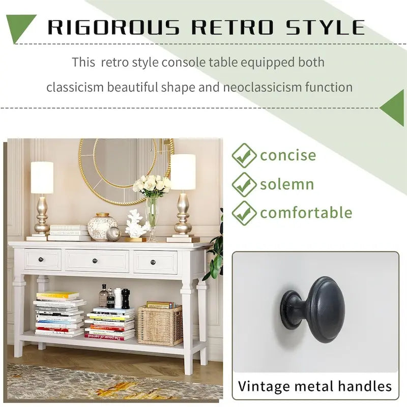 Retro Style Console Table with 3 Top Drawers & Bottom Shelf, Entryway Sofa Table, Wood & Metal