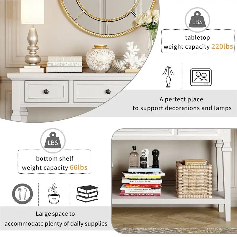 Retro Style Console Table with 3 Top Drawers & Bottom Shelf, Entryway Sofa Table, Wood & Metal