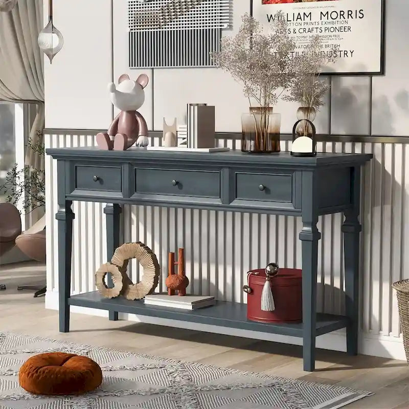 Retro Style Console Table with 3 Top Drawers & Bottom Shelf, Entryway Sofa Table, Wood & Metal