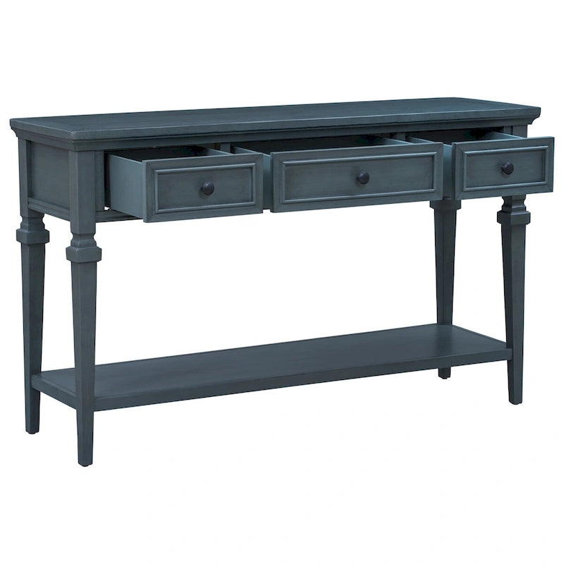 Retro Style Console Table with 3 Top Drawers & Bottom Shelf, Entryway Sofa Table, Wood & Metal