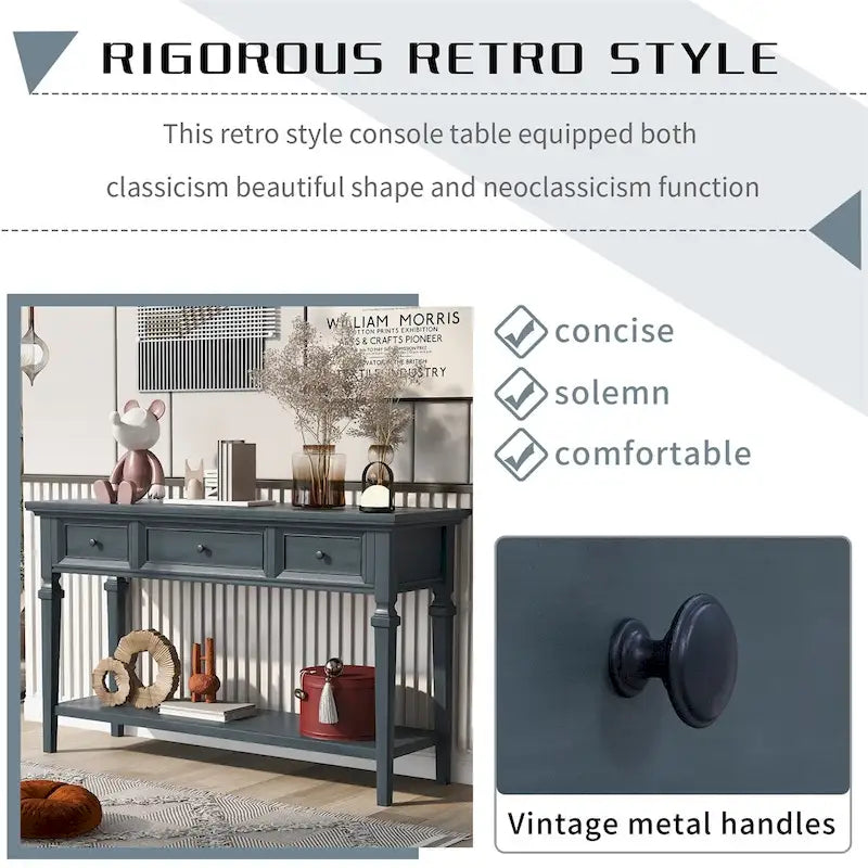 Retro Style Console Table with 3 Top Drawers & Bottom Shelf, Entryway Sofa Table, Wood & Metal