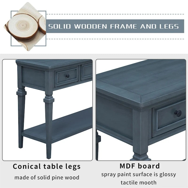 Retro Style Console Table with 3 Top Drawers & Bottom Shelf, Entryway Sofa Table, Wood & Metal