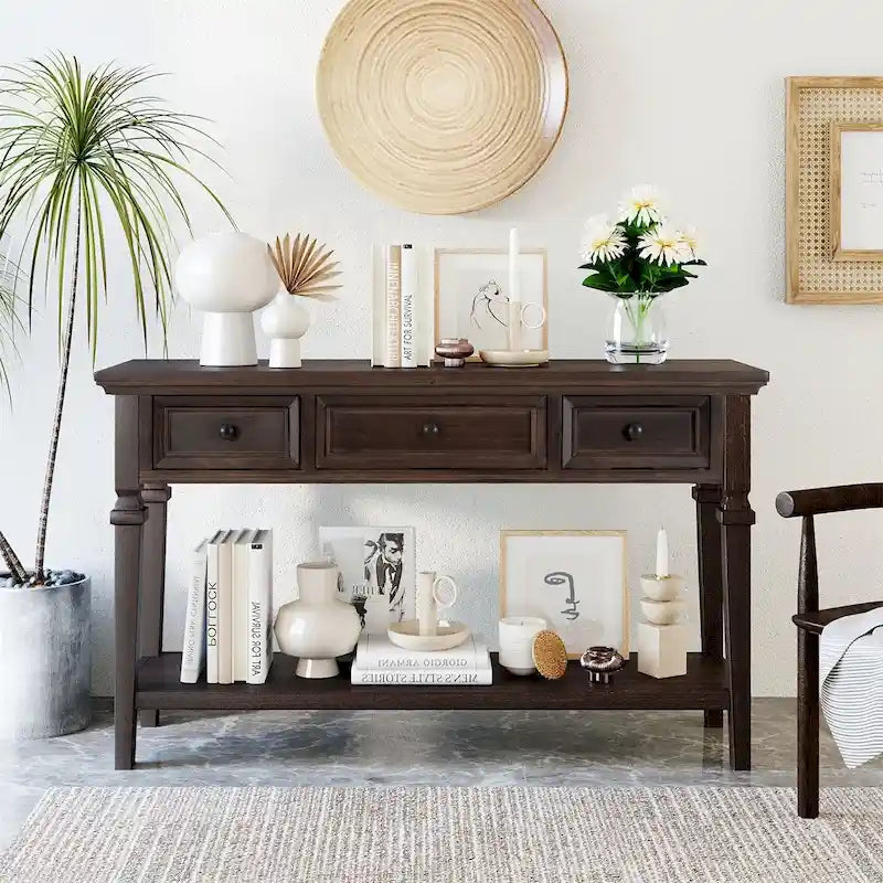 Retro Style Console Table with 3 Top Drawers & Bottom Shelf, Entryway Sofa Table, Wood & Metal