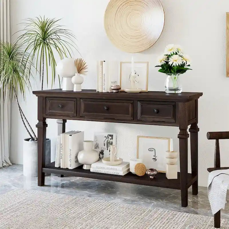 Retro Style Console Table with 3 Top Drawers & Bottom Shelf, Entryway Sofa Table, Wood & Metal