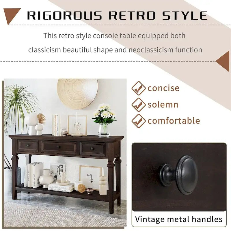 Retro Style Console Table with 3 Top Drawers & Bottom Shelf, Entryway Sofa Table, Wood & Metal