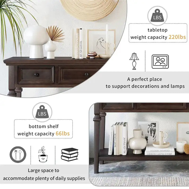 Retro Style Console Table with 3 Top Drawers & Bottom Shelf, Entryway Sofa Table, Wood & Metal