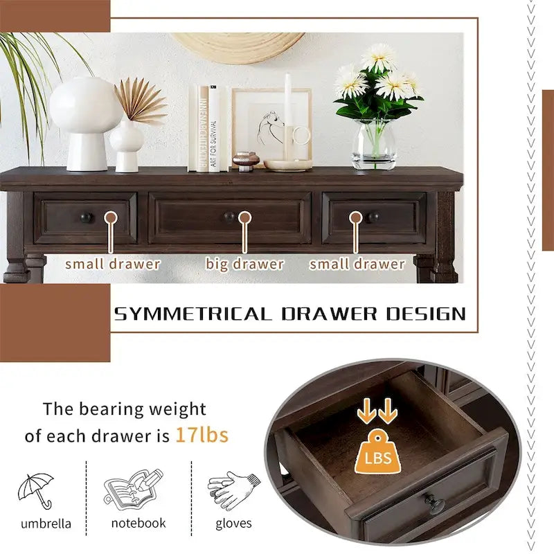 Retro Style Console Table with 3 Top Drawers & Bottom Shelf, Entryway Sofa Table, Wood & Metal