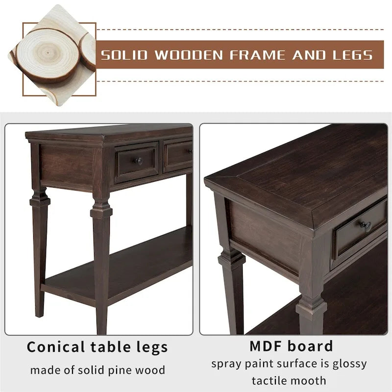 Retro Style Console Table with 3 Top Drawers & Bottom Shelf, Entryway Sofa Table, Wood & Metal