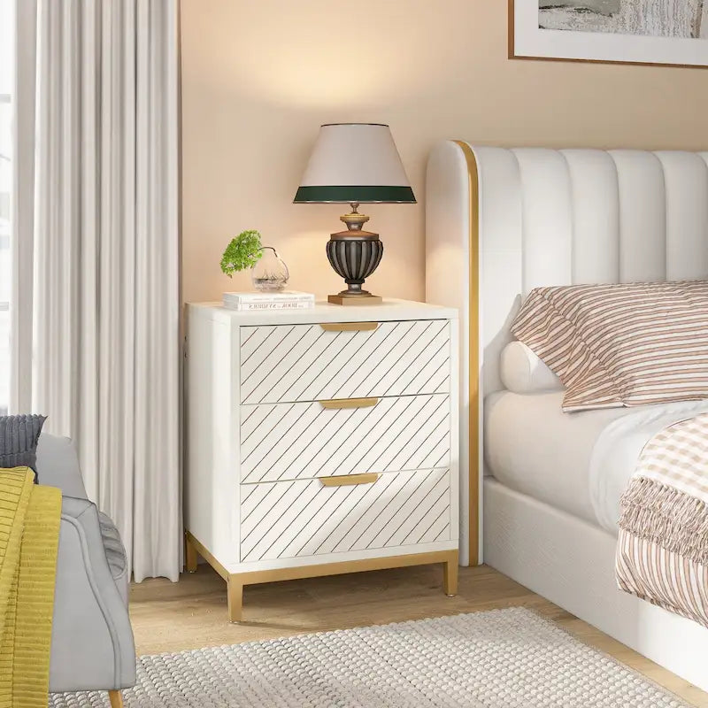 3-Drawer Nightstand with Gold Handles, Light Wood Grain, Particle Board and Metal Frame, 19.69W x 15.75D x 24.6H in