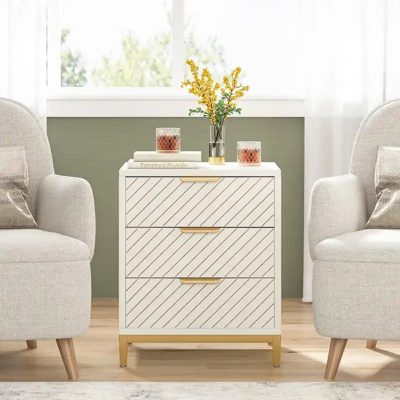 3-Drawer Nightstand with Gold Handles, Light Wood Grain, Particle Board and Metal Frame, 19.69W x 15.75D x 24.6H in