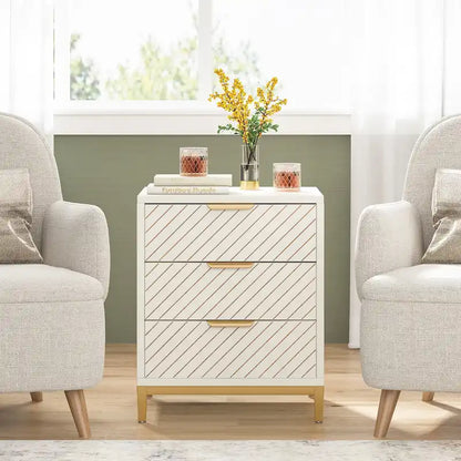 3-Drawer Nightstand with Gold Handles, Light Wood Grain, Particle Board and Metal Frame, 19.69W x 15.75D x 24.6H in