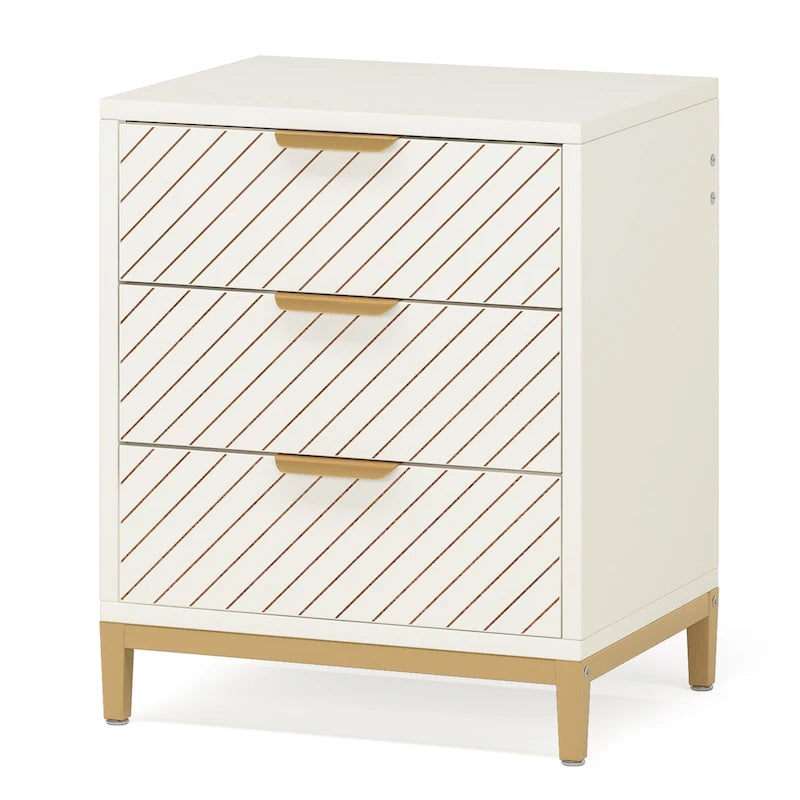 3-Drawer Nightstand with Gold Handles, Light Wood Grain, Particle Board and Metal Frame, 19.69W x 15.75D x 24.6H in