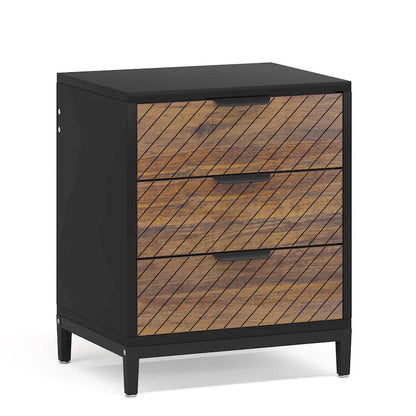3-Drawer Nightstand with Gold Handles, Light Wood Grain, Particle Board and Metal Frame, 19.69W x 15.75D x 24.6H in