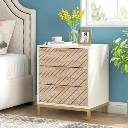 3-Drawer Nightstand with Gold Handles, Light Wood Grain, Particle Board and Metal Frame, 19.69W x 15.75D x 24.6H in