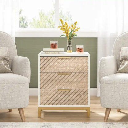 3-Drawer Nightstand with Gold Handles, Light Wood Grain, Particle Board and Metal Frame, 19.69W x 15.75D x 24.6H in