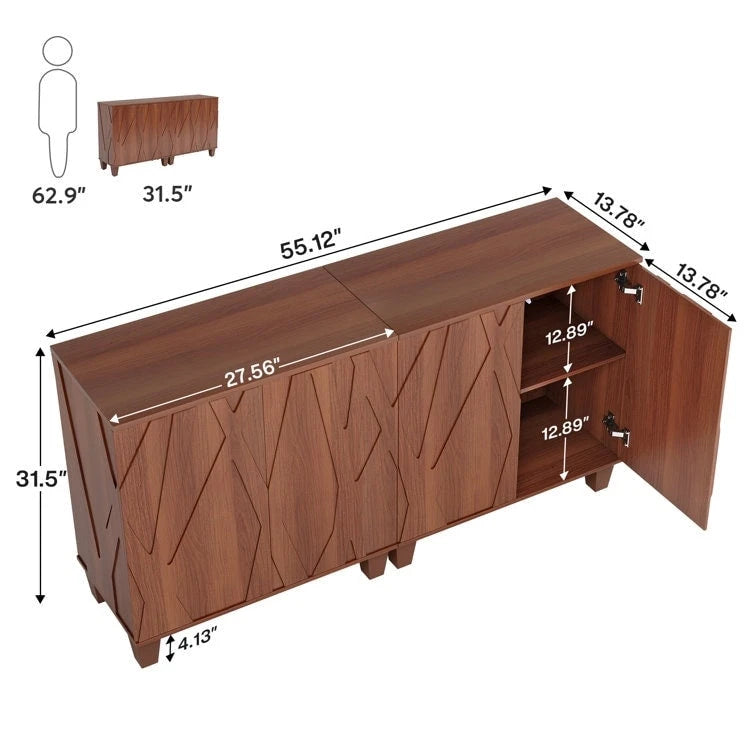 Large Vintage Sideboard Buffet Cabinet, Engineered Wood, 2-Door, Adjustable Shelves
